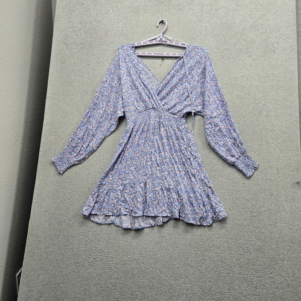 Japna Women Dress M Blue Mini Dress Floral Mini A Line Faux Wrap Boho Smock NWT